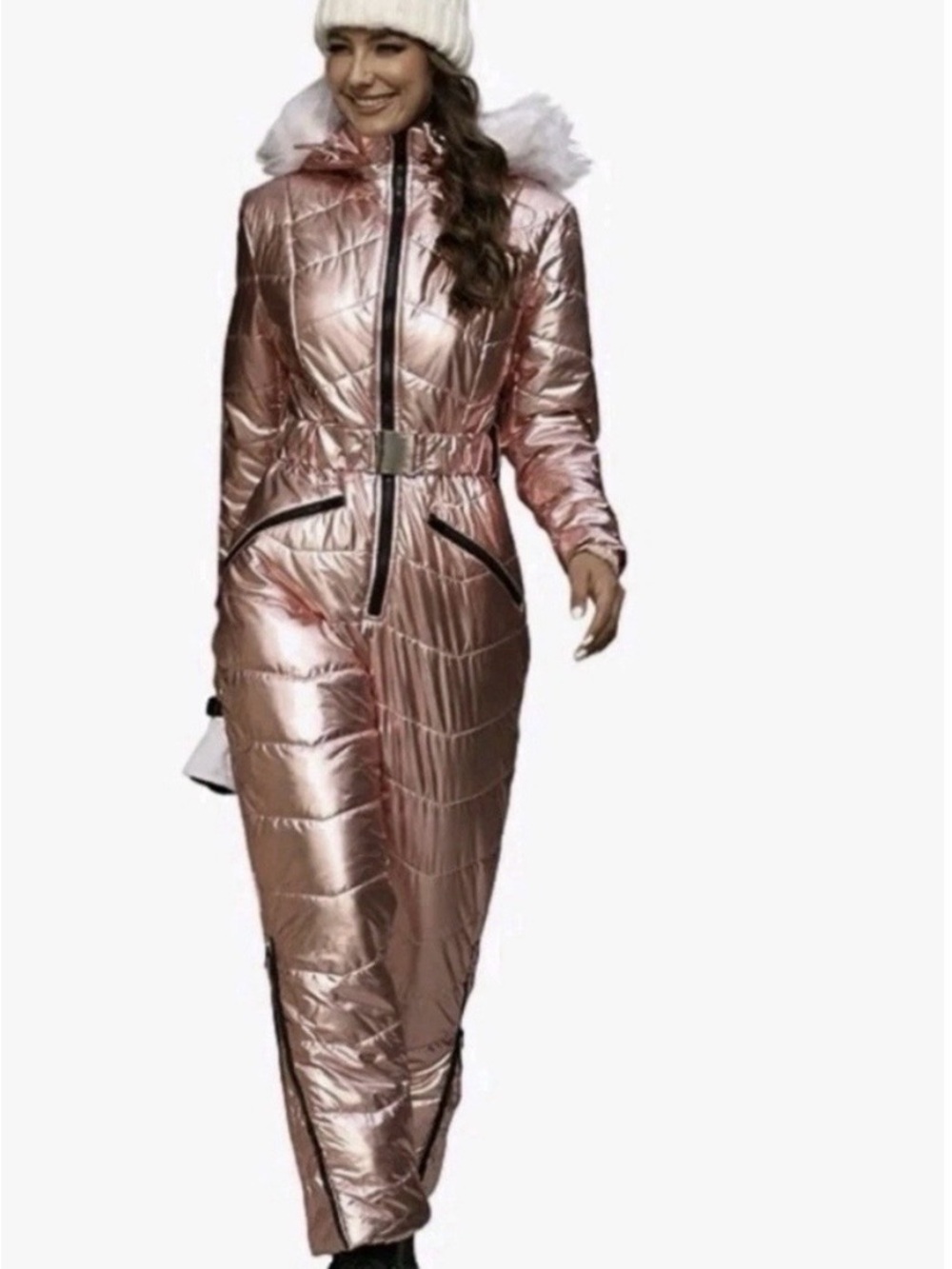 Womens rose gold pink snow ski suit skiing metallic